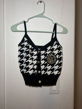 Balmain Black and White Houndstooth Camisole with Embellished Crest